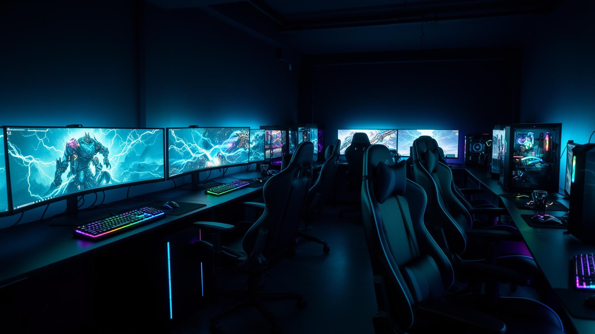 Sky Gaming Lounge Brooklyn premium PC gaming setup with neon blue lighting